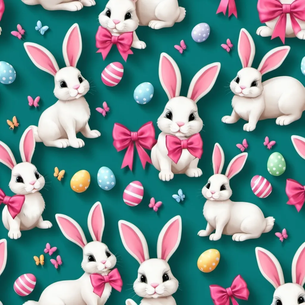 Prompt: create a seamless pattern design for fabric with 3D life like bunnies and bows for easter theme

