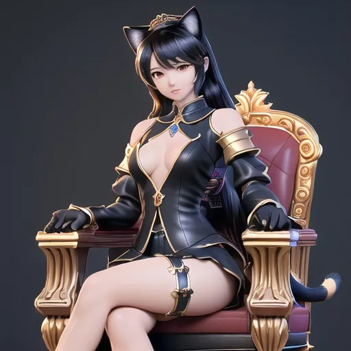 Prompt: Anime, beautiful girl, revealing clother, big chest, on throne, cat ear and tail, black hair