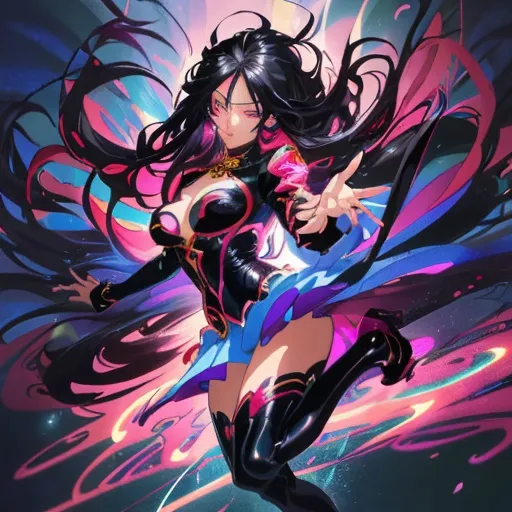 Prompt: Anime illustration of a beautiful girl, vibrant and eye-catching colors, detailed facial features, flowing hair, alluring pose, high quality, anime, sensual, vibrant colors, detailed eyes, glossy lips, sleek design, professional, dramatic lighting, fantasy style, alluring pose, revealing outfit,furry,full body shot,black hair, big chest