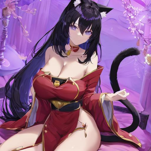 Prompt: Anime, beautiful girl, revealing clother, big chest, on throne, cat ear and tail, black hair