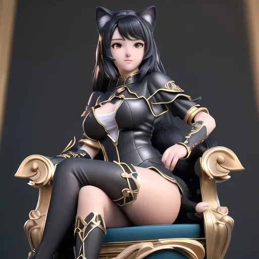 Prompt: Anime, beautiful girl, revealing clother, big chest, on throne, cat ear and tail, black hair