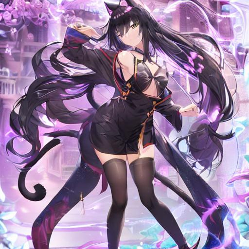 Prompt: Anime, beautiful girl, revealing clothes, big chest, cat ear and tail, black hair,full body shot, beautiful background, using magic powers around it