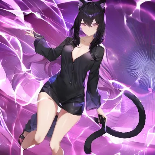 Prompt: Anime, beautiful girl, revealing clothes, big chest, cat ear and tail, black hair,full body shot, beautiful background, magic elements around