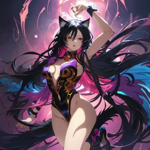Prompt: Anime illustration of a beautiful girl, vibrant and eye-catching colors, detailed facial features, flowing hair, alluring pose, high quality, anime, sensual, vibrant colors, detailed eyes, glossy lips, sleek design, professional, dramatic lighting, fantasy style, alluring pose, revealing outfit,furry,full body shot,black hair, big chest, cat ear and tail, 