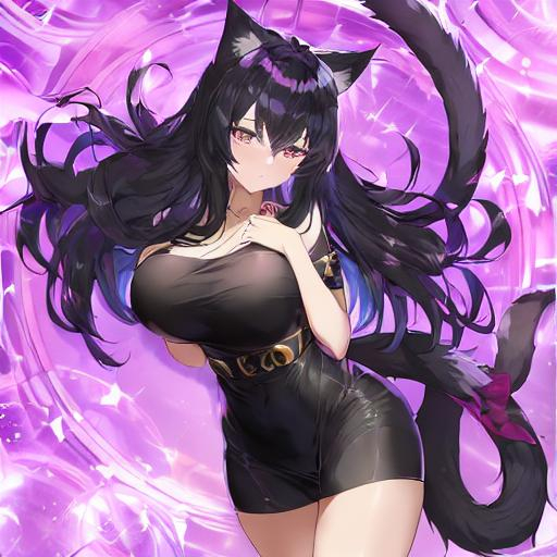 Prompt: Anime, beautiful girl, revealing clothes, big chest, cat ear and tail, black hair,full body shot, beautiful background, magic elements around