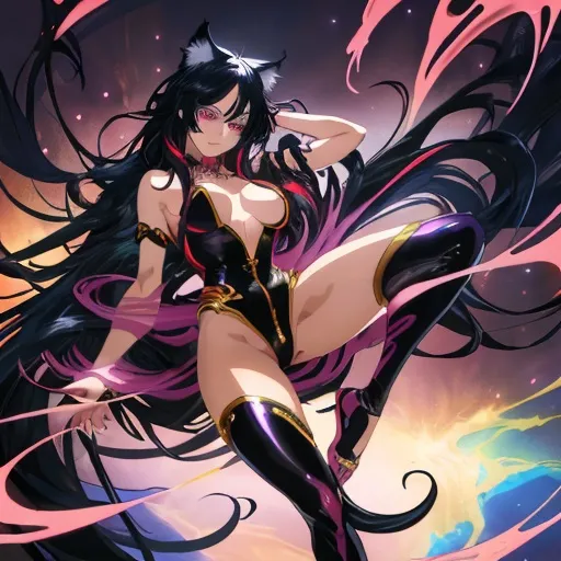 Prompt: Anime illustration of a beautiful girl, vibrant and eye-catching colors, detailed facial features, flowing hair, alluring pose, high quality, anime, sensual, vibrant colors, detailed eyes, glossy lips, sleek design, professional, dramatic lighting, fantasy style, alluring pose, revealing outfit,furry,full body shot,black hair, big chest, cat ear and tail, 