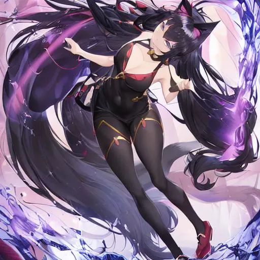 Prompt: Anime, beautiful girl, revealing clothes, big chest, cat ear and tail, black hair,full body shot, beautiful background, all elements around in balls