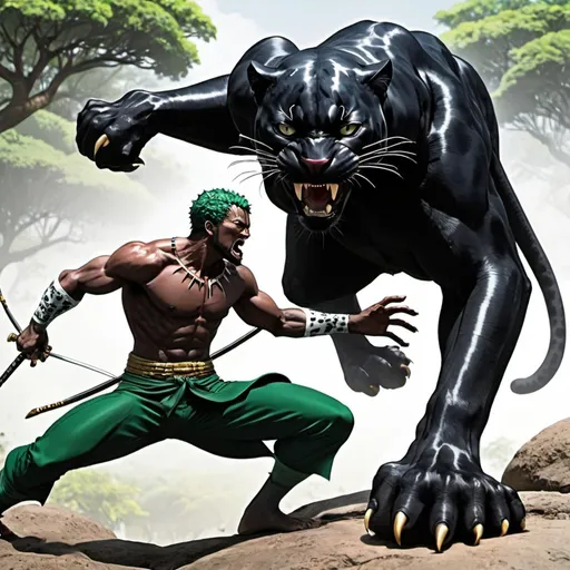 Prompt: Black Panther zoro defeat leopard and white bird