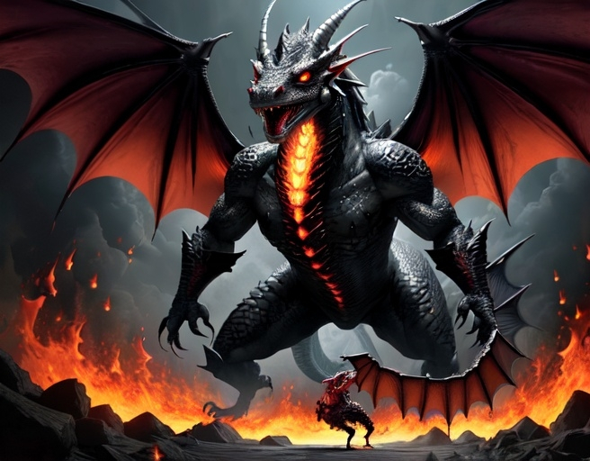 Prompt: A horrible dragon with angry eyes blowing fire from his mouth hyper-realistic dark background and a fighter girl standing in front of the dragon