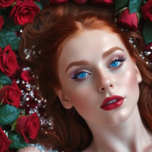 Prompt: Beautiful girl face blue eyes long lashes red hair and glossy lips and sparkles in the eyes she is lying in the middle of roses in the background 8k quality super realistic