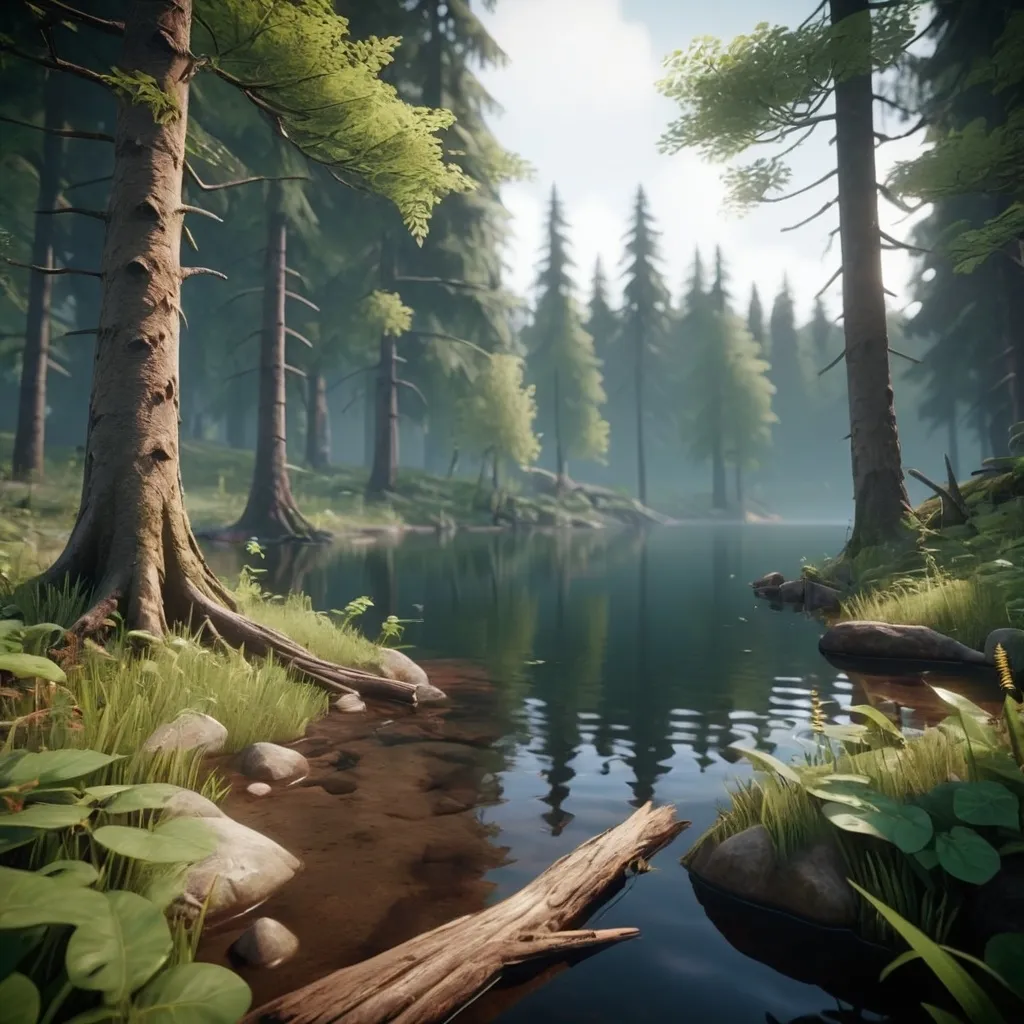 Prompt: a mysterious forest next to a lake, high quality, unreal engine