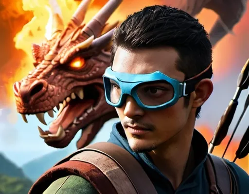 Prompt: Avatar style digital art close look a man wearing goggles and archers in hand, in background there is a dragon hawling fire fron mouth