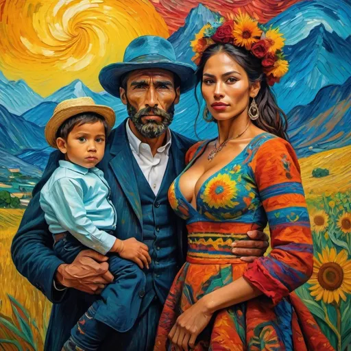 Prompt: Psychedelic Van Gogh-style portrait of a gorgeous Peruvian woman, beautiful and muscular husband, and adult son, vibrant colors, intricate details, high-quality, textured brushstrokes, elegant attire, stunning accessories, swirling patterns, intricate floral motifs, rich and vivid hues, expressive brushwork, impeccable clothing, stylish accessories, muscular physique, dynamic composition, vibrant color palette, picturesque setting, masterfully painted, elegant and sophisticated, intense and vibrant colors, professional painting, artistic flair, stunning portrayal, confident and elegant poses, high-res, Van Gogh-style, psychedelic, Peruvian beauty, impeccable attire, stunning family portrait