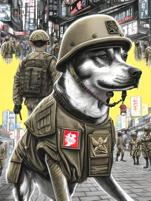 Prompt: pop art chalk pastel art of detailed dog wearing military uniforms<mymodel> playing in the streets in cyberpunk japan during a festival, sketch, detailed background, highres, fun atmosphere, natural lighting,  abstract, fun