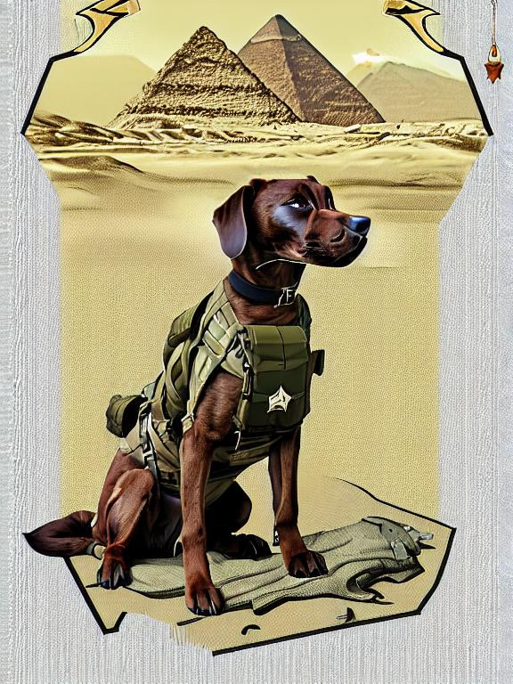 Prompt: black mountain cur dog in military gear in egypt 90s poster