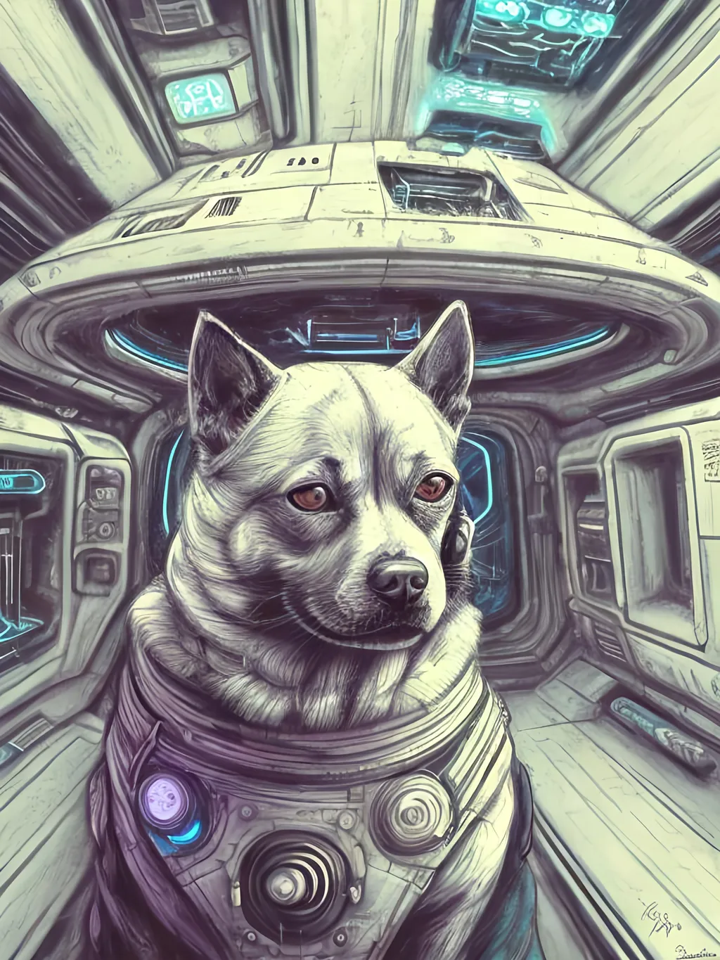 Prompt: chalk pastel style of a  detailed dog in a cyberpunk spaceship, sketch, detailed background, highres, fun atmosphere, natural lighting,  abstract, fun