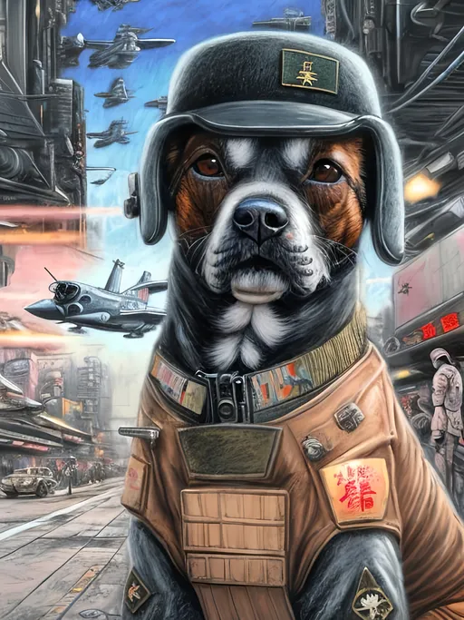 Prompt: chalk pastel art of a detailed dog wearing a military uniform on the streets in cyberpunk japan during a festival with planes in the background, sketch, detailed background, highres, fun atmosphere, natural lighting,  abstract, fun