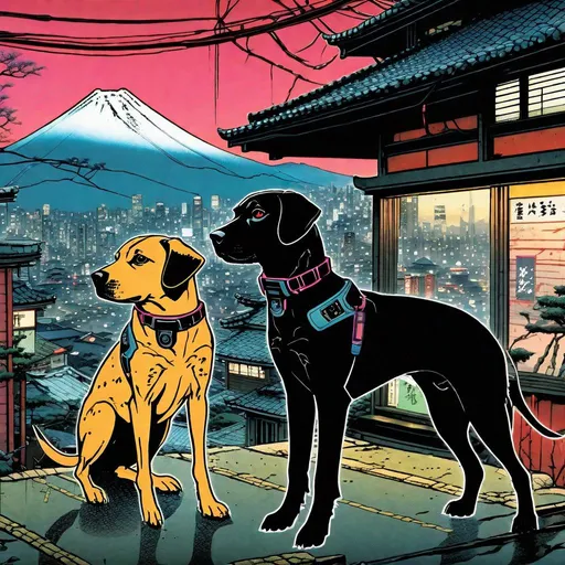 Prompt: black mountain cur dogs in cyberpunk hiroshige