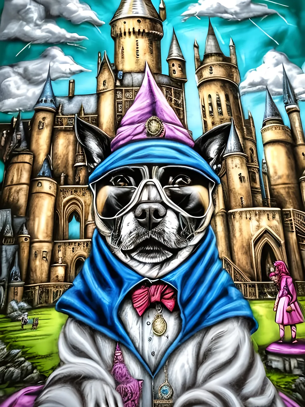 Prompt: pop art chalk pastel style art of detailed dog at hogwarts dressed in wizard robes, sketch, detailed background, highres, fun atmosphere, natural lighting,  abstract, fun