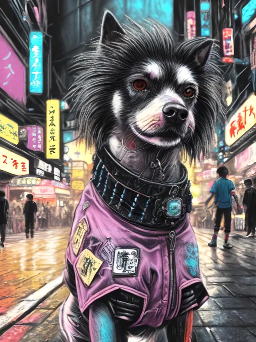 Prompt: chalk pastel art of a detailed dog wearing punk clothes in the streets in cyberpunk japan during a festival, sketch, detailed background, highres, fun atmosphere, natural lighting,  abstract, fun