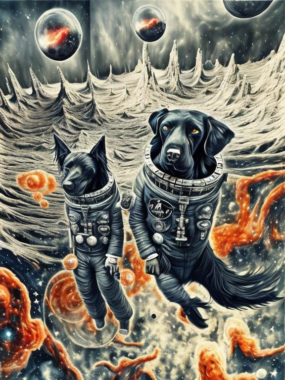 Prompt: Surrealism black dogs in gangster outfits in space, abstract art style, cowboy hat, fun atmosphere, floating celestial bodies, mysterious nebulae, dreamlike, surreal, high contrast, otherworldly, abstract, space, astronaut, fun atmosphere, celestial bodies, dreamlike, surreal, high contrast, mysterious, nebulae, dogs, usa, patriotic, trump