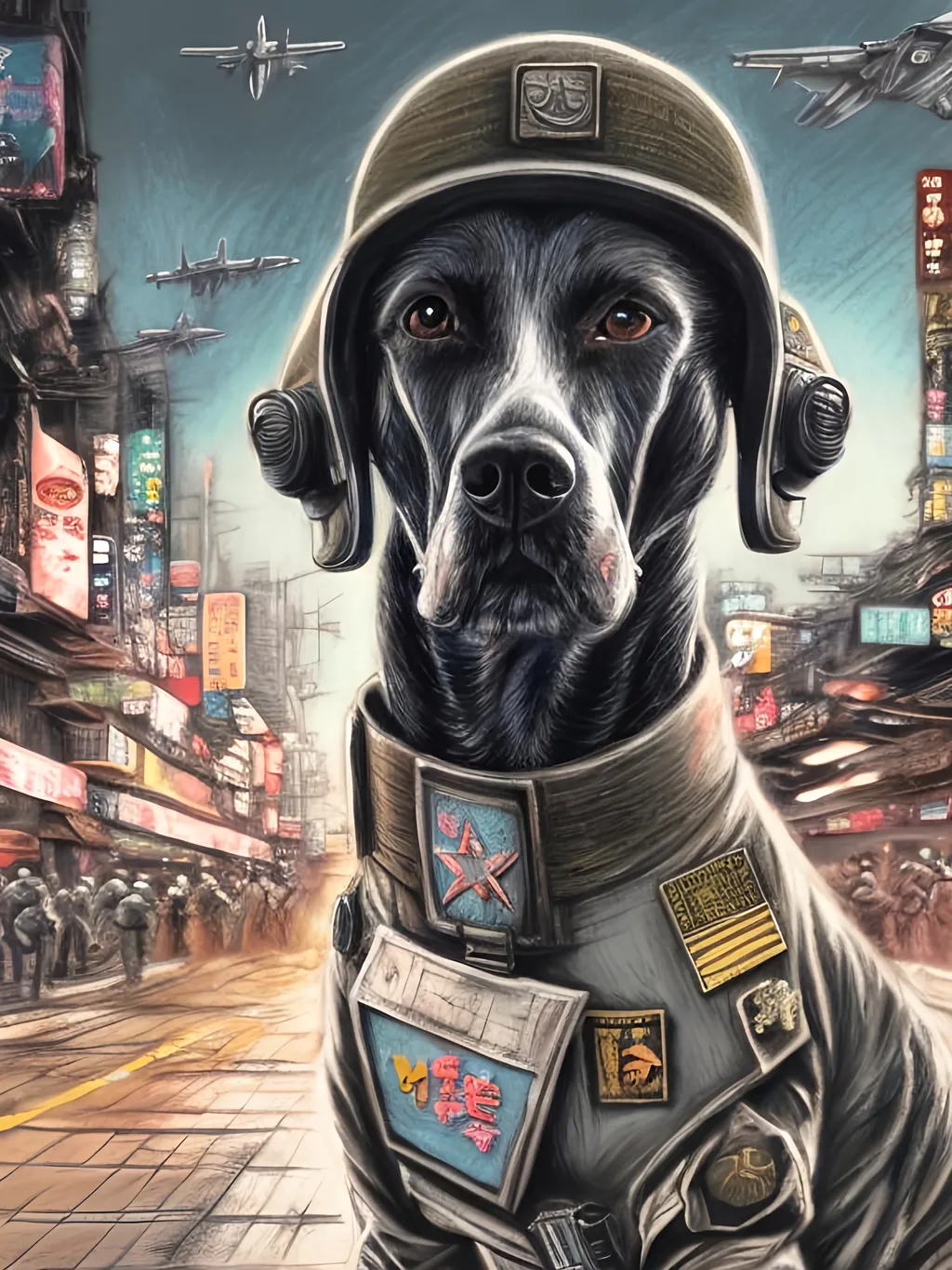 Prompt: chalk pastel art of a detailed dog wearing a military uniform on the streets in cyberpunk japan during a festival with planes in the background, sketch, detailed background, highres, fun atmosphere, natural lighting,  abstract, fun