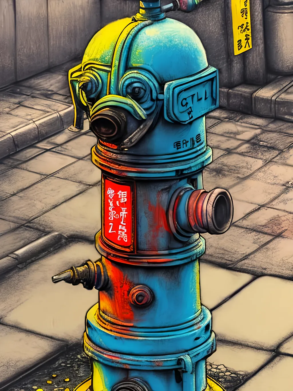 Prompt: pop art chalk pastel art of detailed dog peeing on a fire hydrant in cyberpunk japan during a festival, sketch, detailed background, highres, fun atmosphere, natural lighting,  abstract, fun