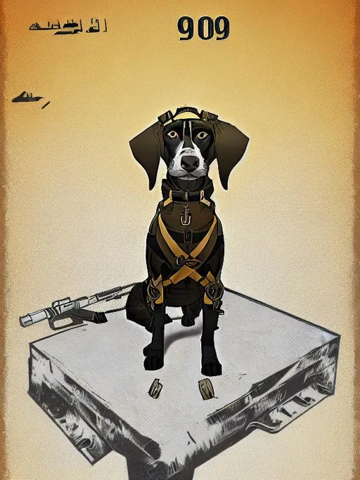 Prompt: black mountain cur dog in military gear in egypt 90s poster