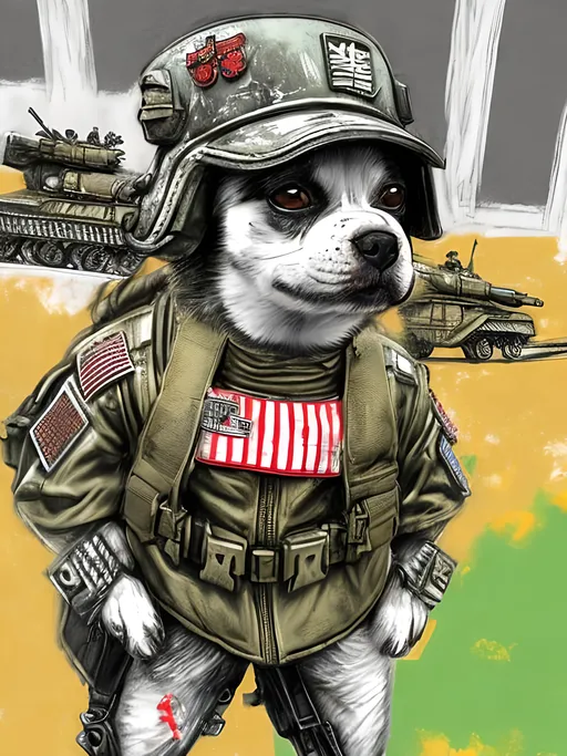 Prompt: pop art chalk pastel art of detailed dog wearing military uniforms<mymodel> playing in the streets in cyberpunk japan during a festival, sketch, detailed background, highres, fun atmosphere, natural lighting,  abstract, fun