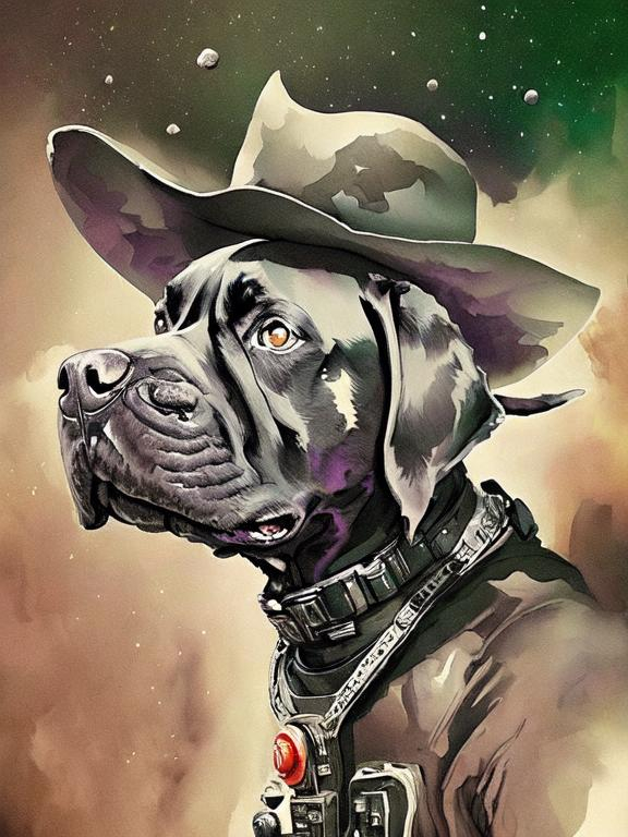 Prompt: Surrealism black dogs in cowboy outfits in space, abstract art style, cowboy hat, eerie atmosphere, floating celestial bodies, mysterious nebulae, dreamlike, surreal, high contrast, otherworldly, abstract, space, astronaut, fun atmosphere, celestial bodies, dreamlike, surreal, high contrast, mysterious, nebulae, dogs