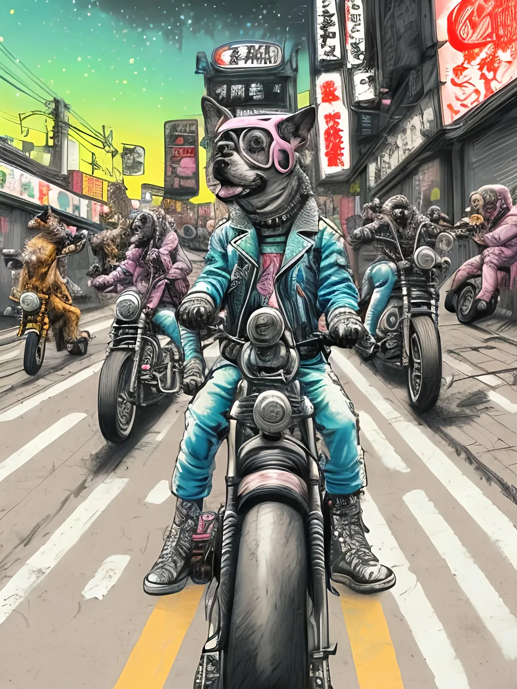 Prompt: pop art chalk pastel art of detailed dogs wearing biker gang clothes playing in the streets in cyberpunk japan during a festival, sketch, detailed background, highres, fun atmosphere, natural lighting,  abstract, fun