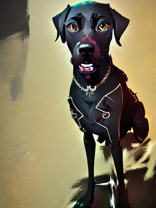 Prompt: mountain cur black dog in gangster clothes abstract art