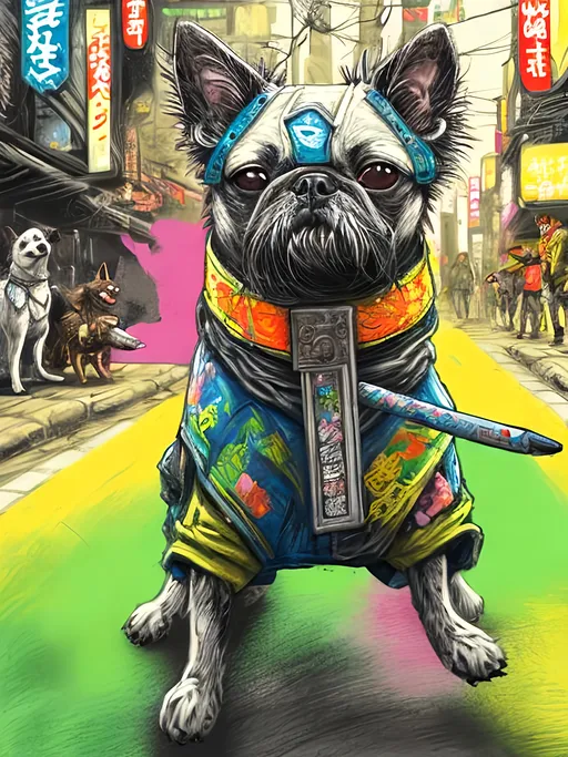 Prompt: pop art chalk pastel art of detailed dog wearing ninja clothes playing in the streets in cyberpunk japan during a festival, sketch, detailed background, highres, fun atmosphere, natural lighting,  abstract, fun