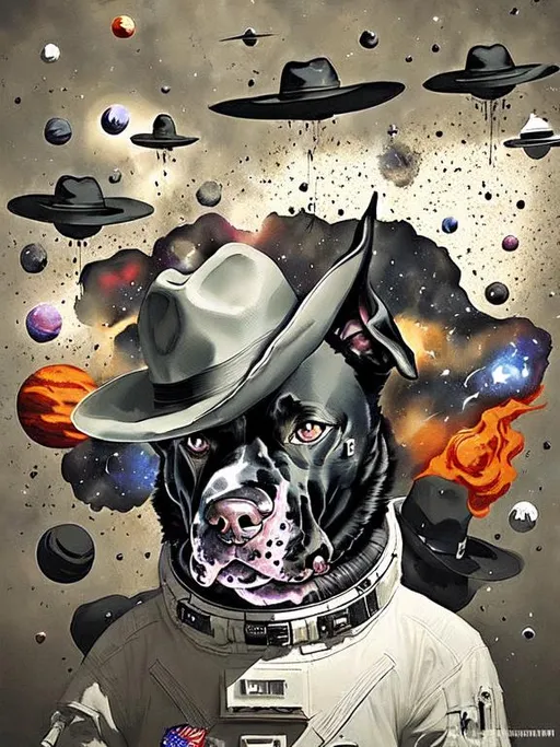 Prompt: Surrealism black dogs in gangster outfits in space, abstract art style, cowboy hat, fun atmosphere, floating celestial bodies, mysterious nebulae, dreamlike, surreal, high contrast, otherworldly, abstract, space, astronaut, fun atmosphere, celestial bodies, dreamlike, surreal, high contrast, mysterious, nebulae, dogs, usa, patriotic, trump