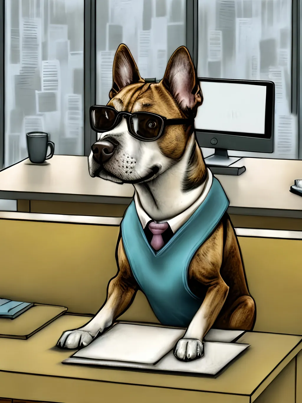 Prompt: chalk pastel style of a  detailed dog typing at a desk in a modern city office, sketch, detailed background, highres, fun atmosphere, natural lighting,  abstract, fun