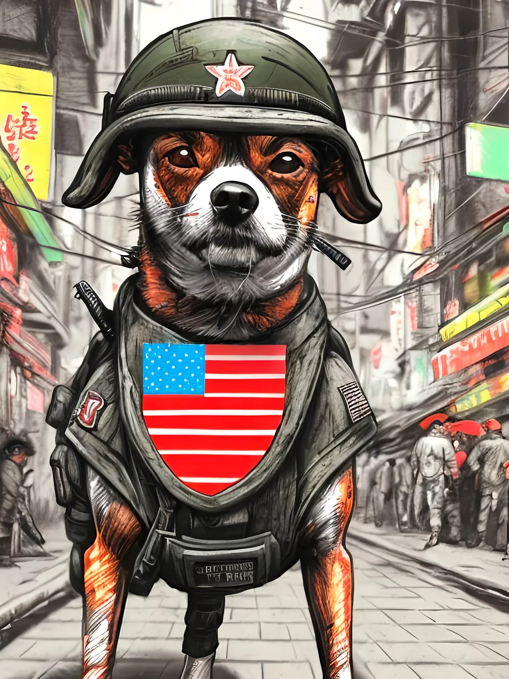 Prompt: pop art chalk pastel art of detailed dog wearing military uniforms<mymodel> playing in the streets in cyberpunk japan during a festival, sketch, detailed background, highres, fun atmosphere, natural lighting,  abstract, fun