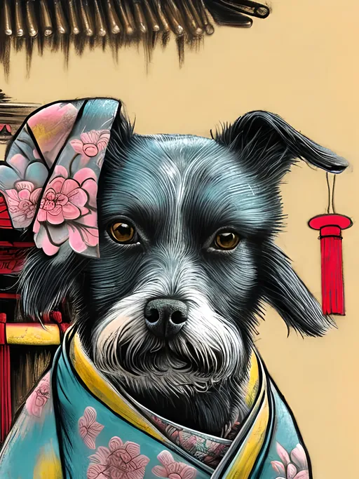 Prompt: pop art chalk pastel style of a  detailed dog in a kimono at a shrine, sketch, detailed background, highres, fun atmosphere, natural lighting,  abstract, fun