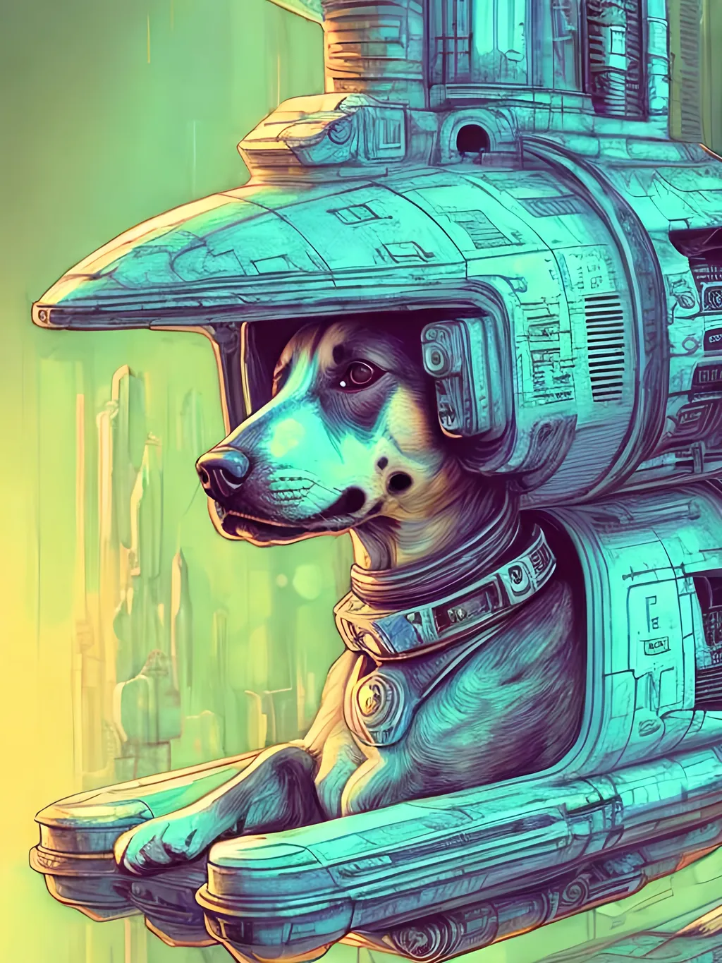 Prompt: chalk pastel style of a  detailed dog in a cyberpunk spaceship, sketch, detailed background, highres, fun atmosphere, natural lighting,  abstract, fun