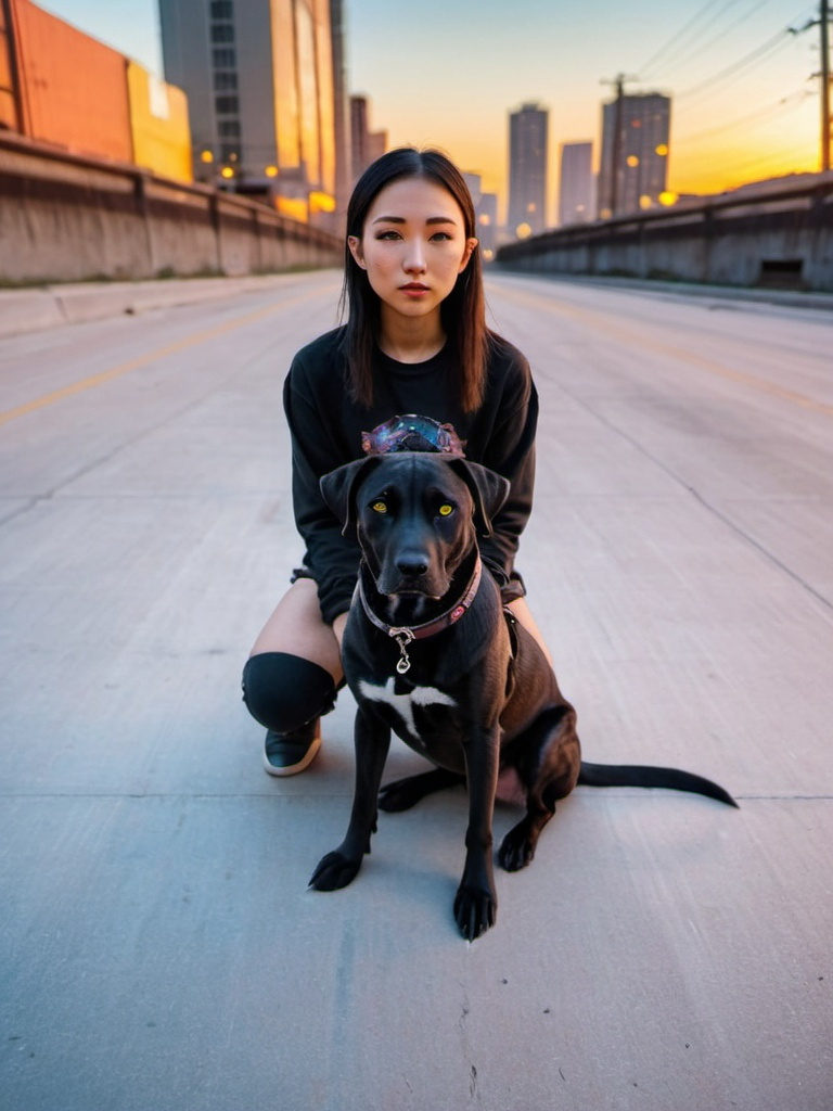 Prompt: mountain cur black dog with half asian girl in cyberpunk city with sun set