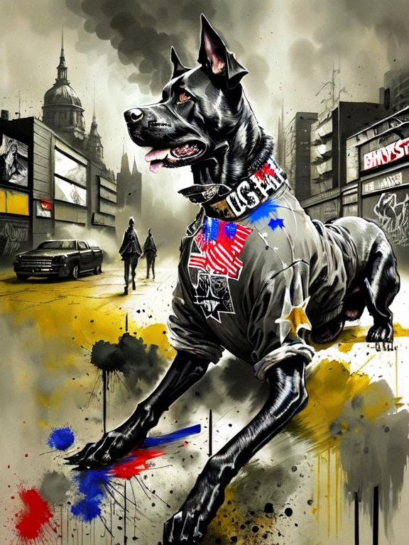 Prompt: surreal, Abstract art of a black dogs in gangster clothes, graffiti, streets, patriotic, detailed, atmospheric lighting, battle in the background, highres, abstract, gangster, detailed clothing, patriotic theme, streets, atmospheric lighting, dogs