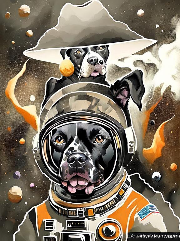 Prompt: Surrealism black dogs in trump outfits in space, abstract art style, cowboy hat, fun atmosphere, floating celestial bodies, mysterious nebulae, dreamlike, surreal, high contrast, otherworldly, abstract, space, astronaut, fun atmosphere, celestial bodies, dreamlike, surreal, high contrast, mysterious, nebulae, dogs, usa