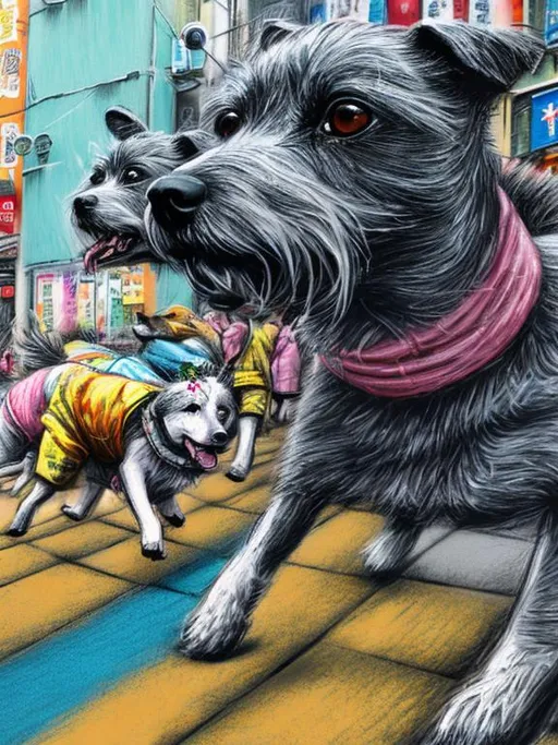 Prompt: pop art chalk pastel art of detailed dogs wearing clothes playing in the streets in japan during a festival, sketch, detailed background, highres, fun atmosphere, natural lighting,  abstract, fun