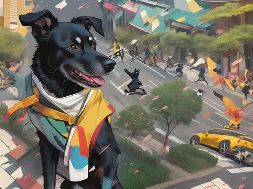 Prompt: black dog wearing ninja clothes having fun in the streets with a battle in the background, dogs, abstract art, Screen print, digital art, 8k resolution trending on Artstation, golden ratio, akira, rule of thirds, geometric bauhaus, Studio Ghibli, Anime Key Visual, by Makoto Shinkai, Deep Color, Intricate, 8k resolution concept art, Natural Lighting, Beautiful Composition