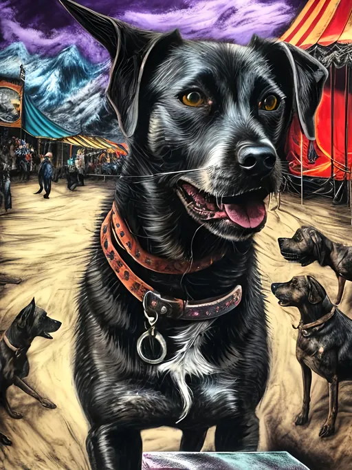 Prompt: Detailed mountain cur all black dog at a circus, festival, pop art chalk pastel, grunge, highres, abstract, natural lighting, lively atmosphere, fun, vibrant, happy-go-lucky, detailed dogs, detailed eyes, detailed fur, festive, flying, post-apocalyptic, Japan, chalk pastel, detailed background, grunge style, abstract art, high quality, natural lighting