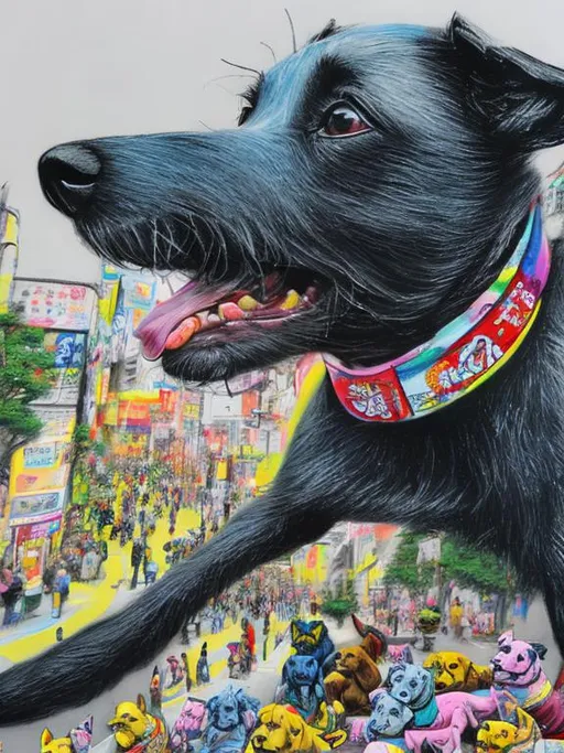 Prompt: pop art chalk pastel art of detailed dogs wearing clothes playing in the streets in japan during a festival, sketch, detailed background, highres, fun atmosphere, natural lighting,  abstract, fun