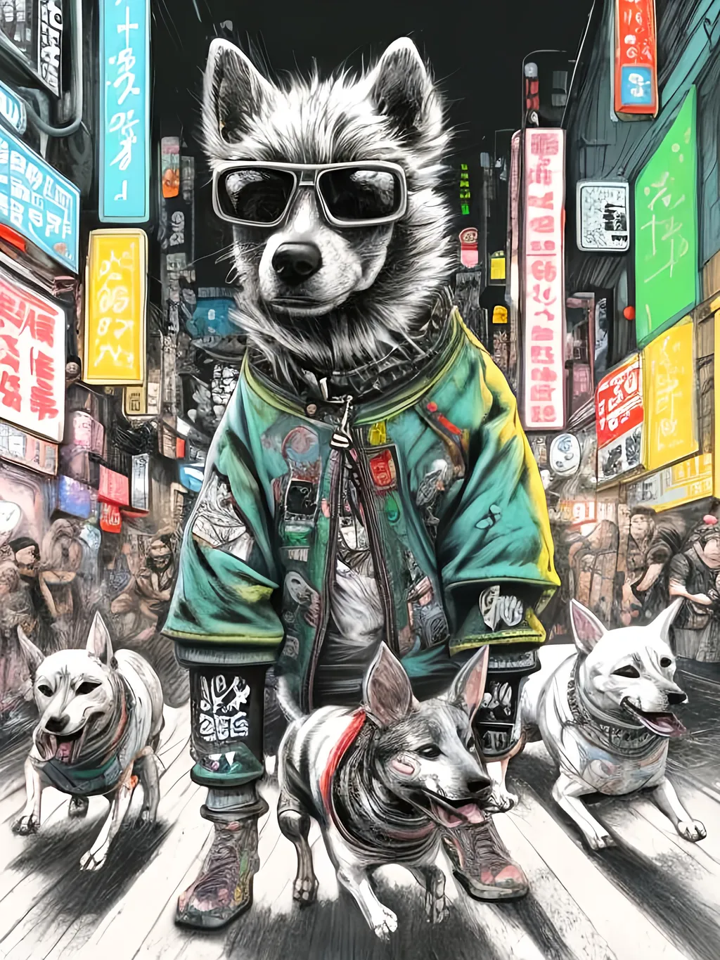 Prompt: pop art chalk pastel art of detailed dogs wearing gangster clothes playing in the streets in cyberpunk japan during a festival, sketch, detailed background, highres, fun atmosphere, natural lighting,  abstract, fun
