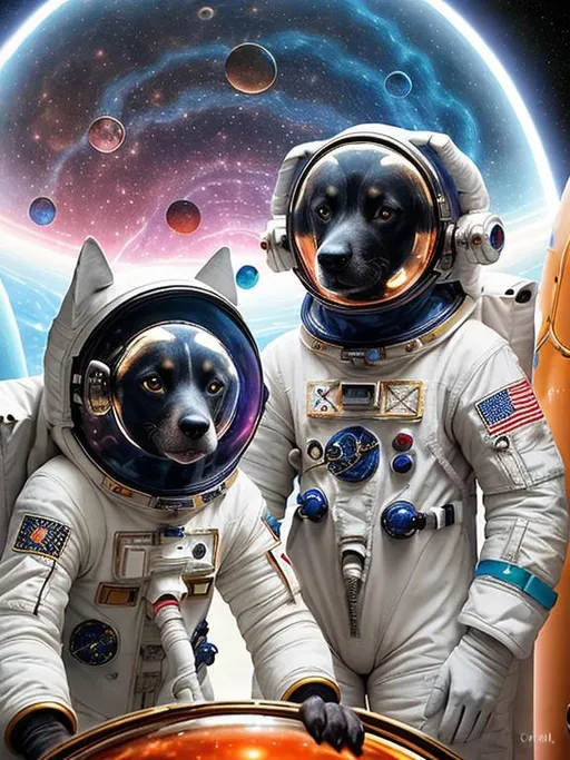 Prompt: Surrealism art, black dogs in astronaut outfits, space background, surrealistic, abstract, detailed fur, cosmic colors, dreamlike atmosphere, high quality, surrealism, astronaut dogs, abstract art, cosmic, detailed, surreal colors, space setting, dreamy lighting