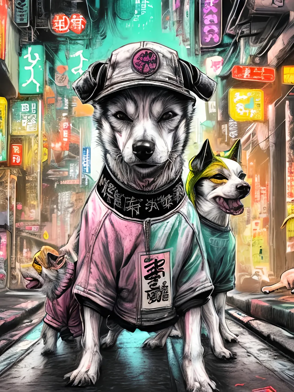 Prompt: pop art chalk pastel art of detailed dogs wearing gangster clothes playing in the streets in cyberpunk japan during a festival, sketch, detailed background, highres, fun atmosphere, natural lighting,  abstract, fun