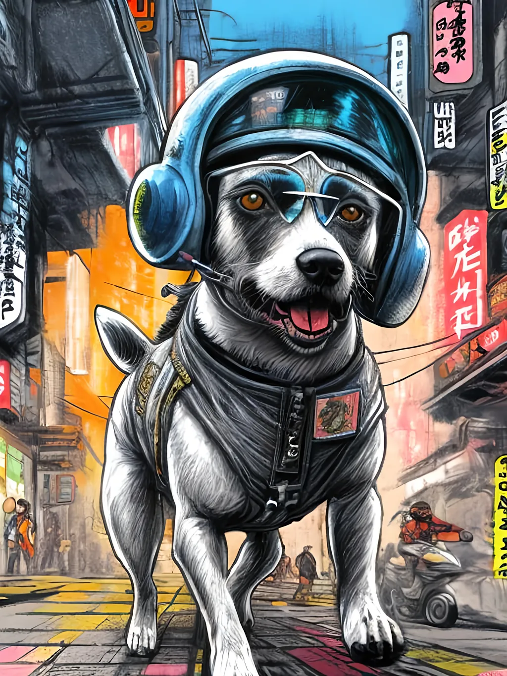 Prompt: pop art chalk pastel art of a detailed dog wearing a pilot uniform playing in the streets in cyberpunk japan during a festival, sketch, detailed background, highres, fun atmosphere, natural lighting,  abstract, fun