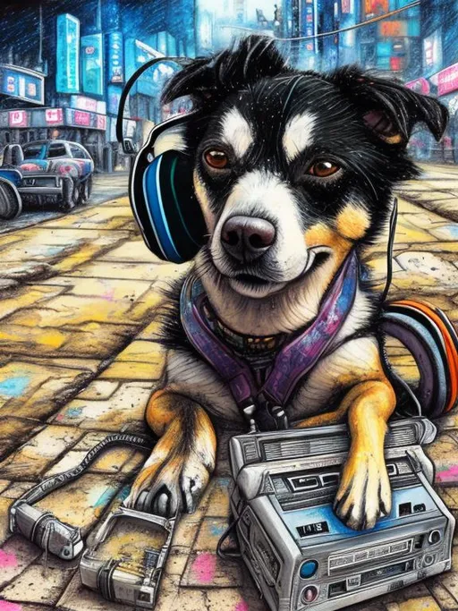 Prompt: pop art chalk pastel art of a detailed dog listening to music on a tape player on the streets in post-apocalyptic Japan during a festival with planes in the background, sketch, detailed background, highres, fun atmosphere, natural lighting,  abstract, fun